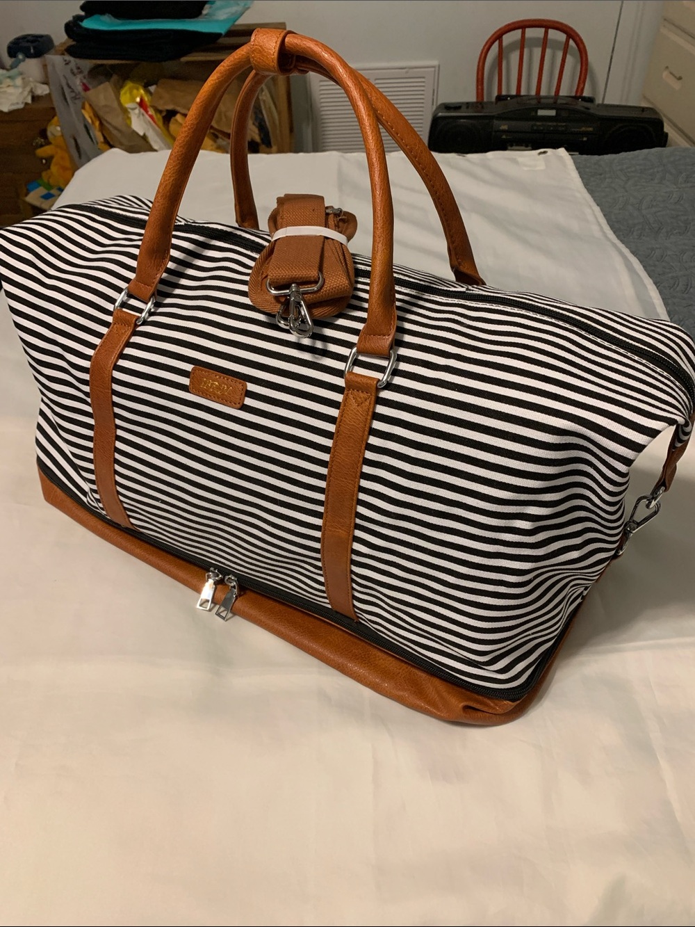 Striped Black & White Duffel with Tan Trim and Silver hardware-Travel Weekender